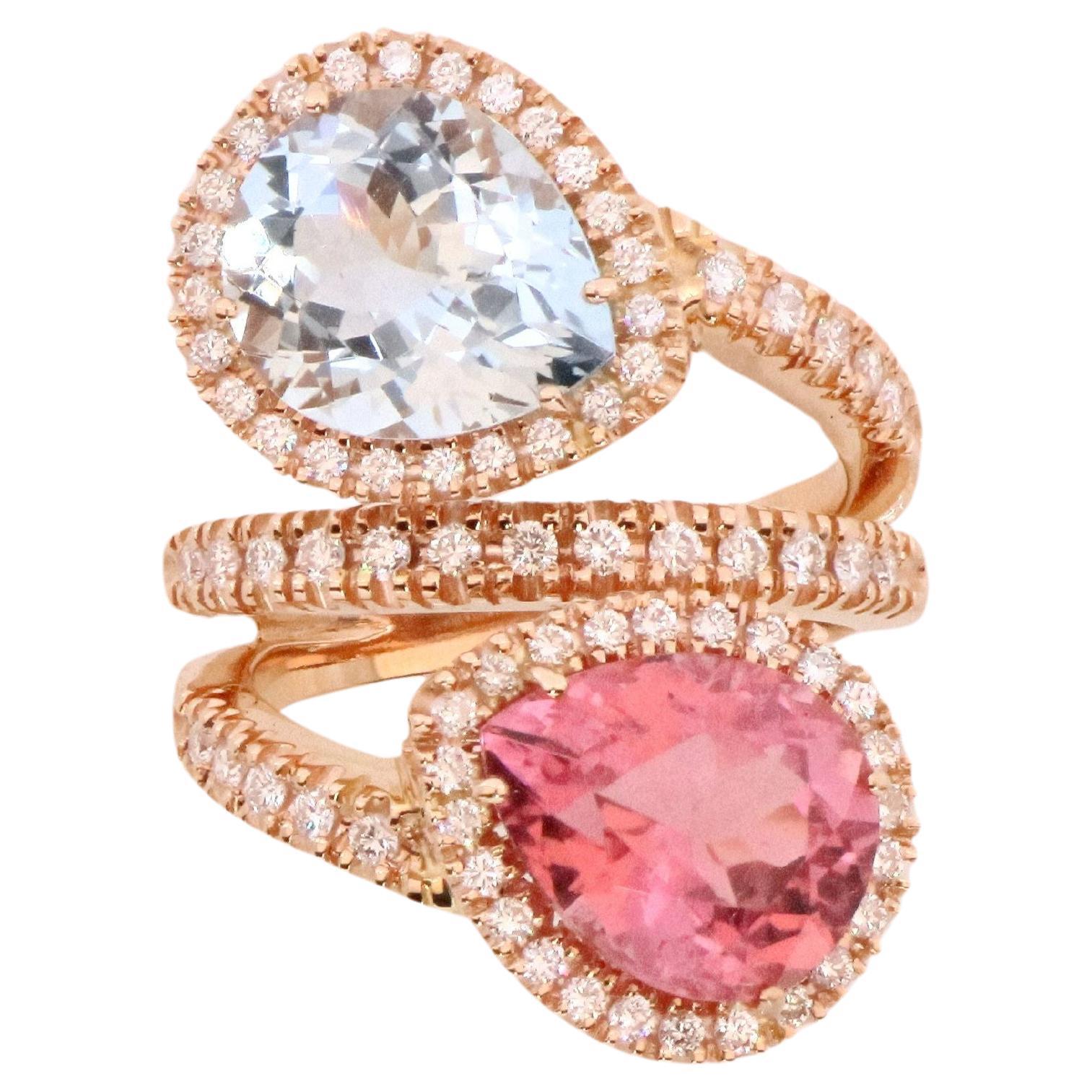 Pear-cut pink tourmaline and aquamarine white diamonds bypass cocktail ring 