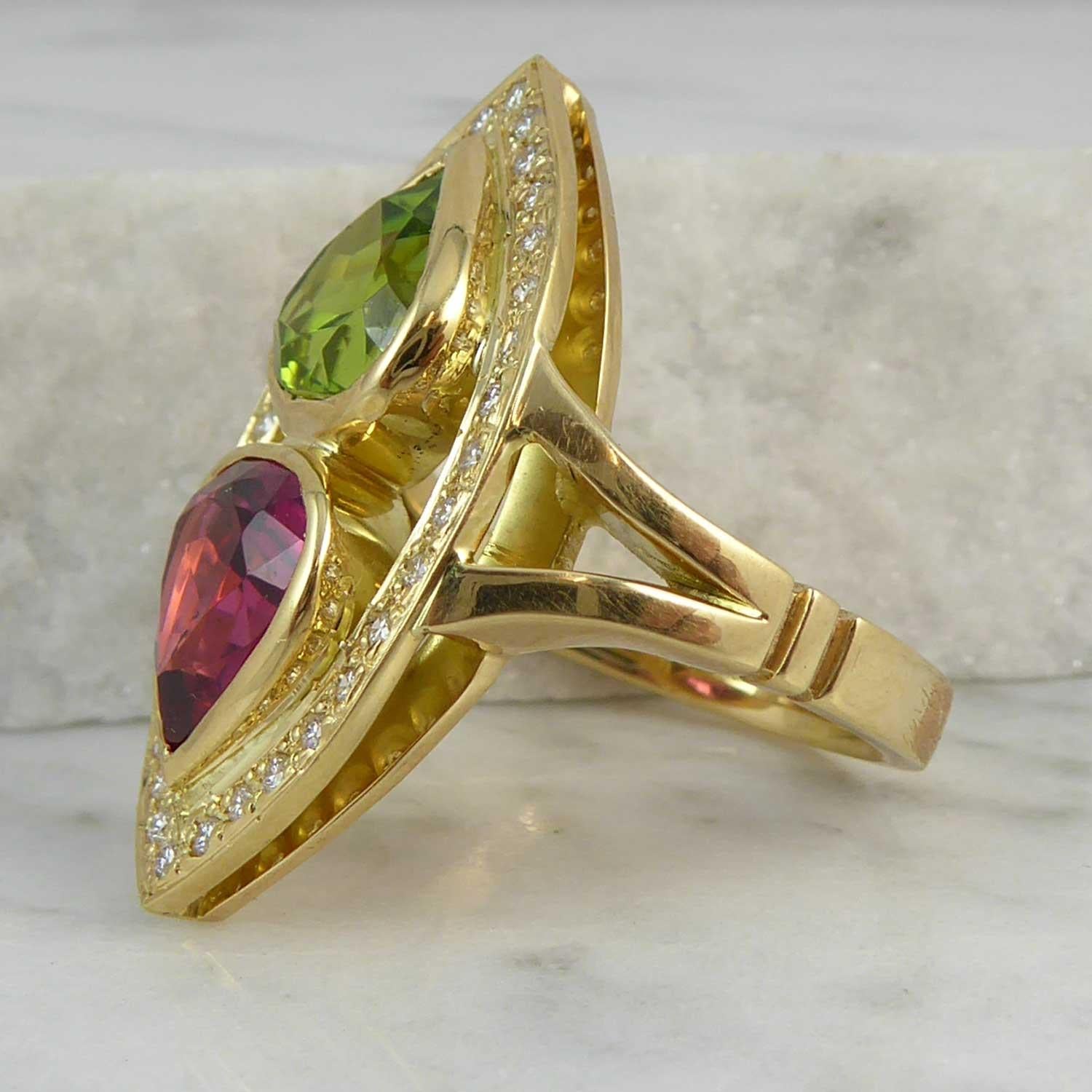 Pear Cut Pink Tourmaline and Peridot Cocktail Dress Ring, Marquise Diamond Halo In Excellent Condition In Yorkshire, West Yorkshire