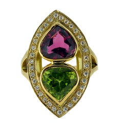 Pear Cut Pink Tourmaline and Peridot Cocktail Dress Ring, Marquise Diamond Halo