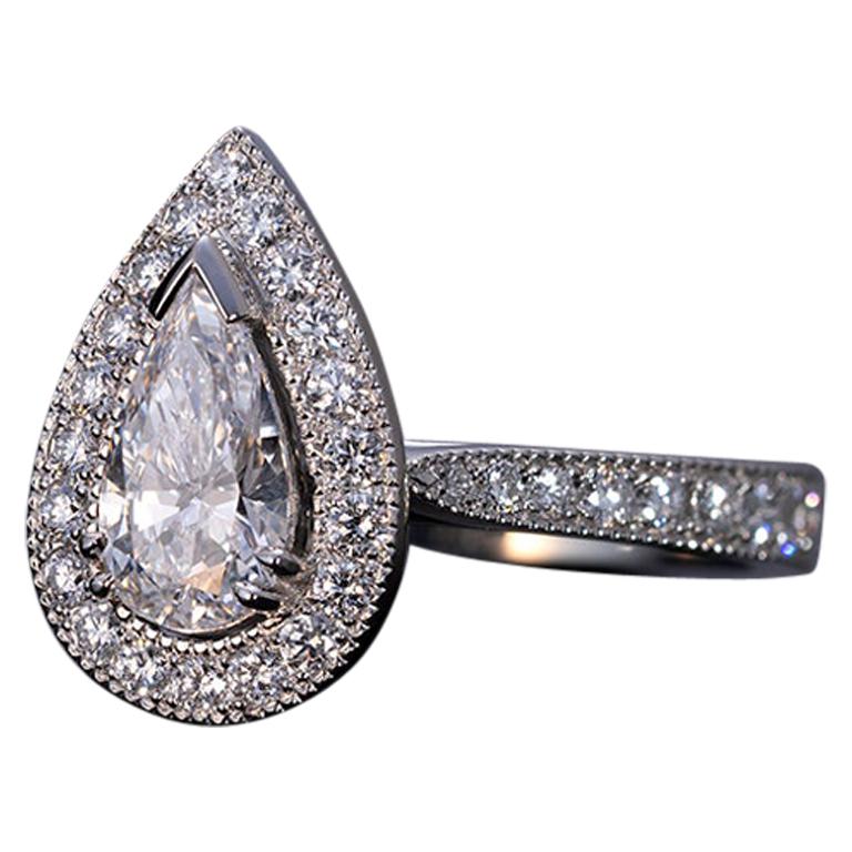 GIA Certified Pear Cut Platinum Diamond Ring For Sale