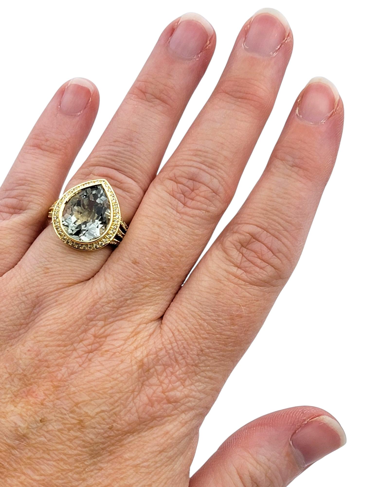 Bague à tige fendue en or jaune 14 carats avec Prasiolite taille poire et halo de diamants en vente 4