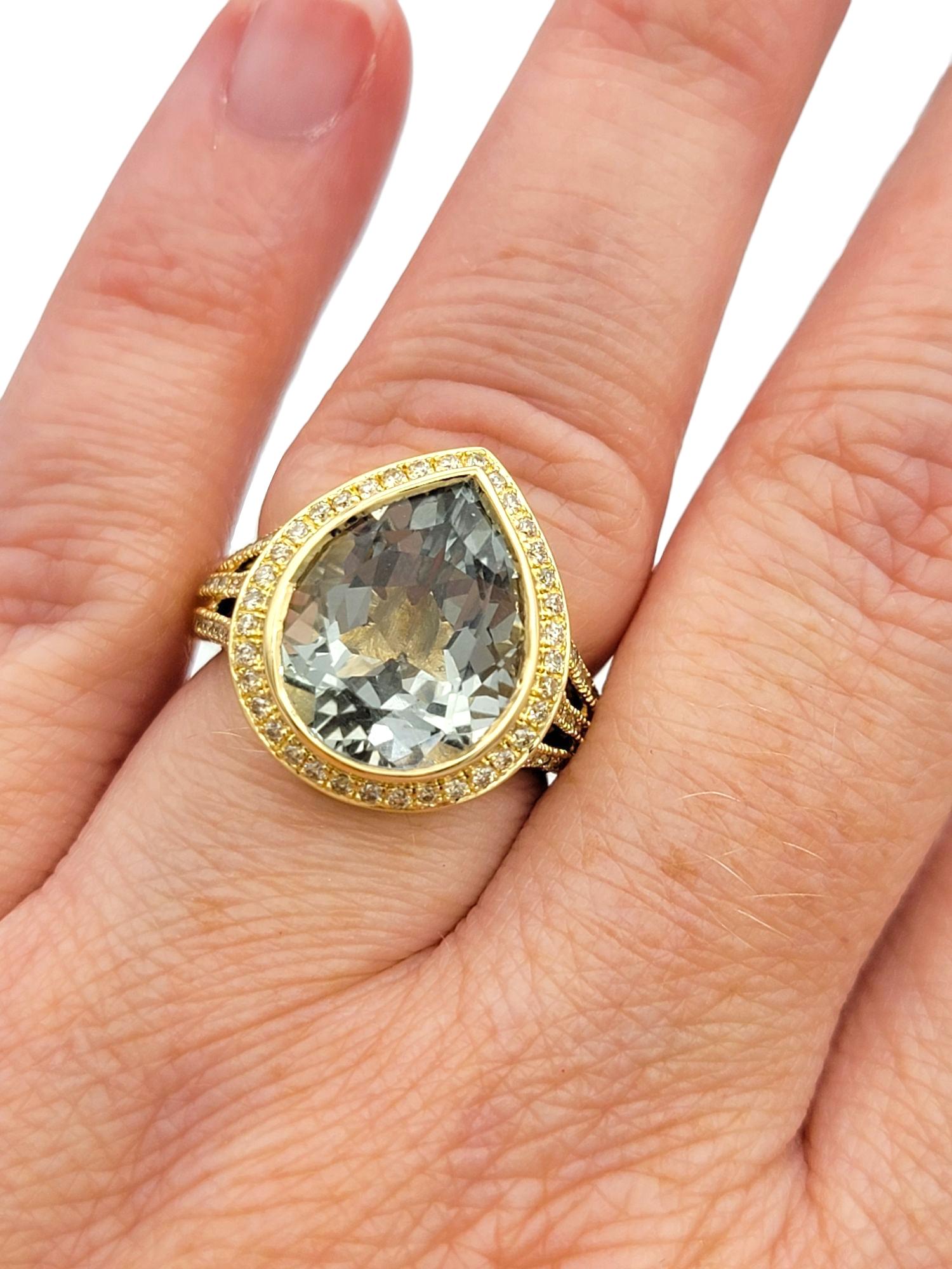 Bague à tige fendue en or jaune 14 carats avec Prasiolite taille poire et halo de diamants en vente 5