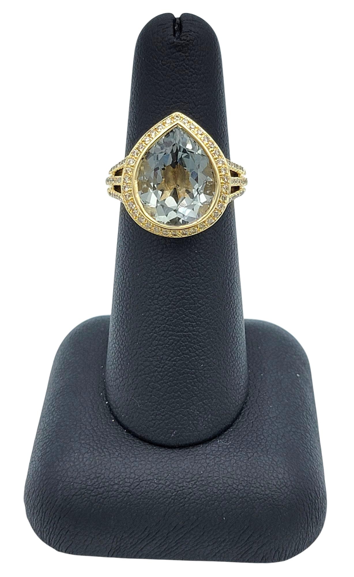 Bague à tige fendue en or jaune 14 carats avec Prasiolite taille poire et halo de diamants en vente 6