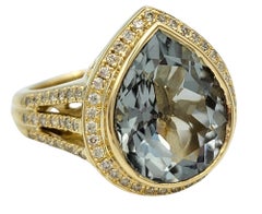 Pear Cut Prasiolite with Diamond Halo Split Shank Ring in 14 Karat Yellow Gold