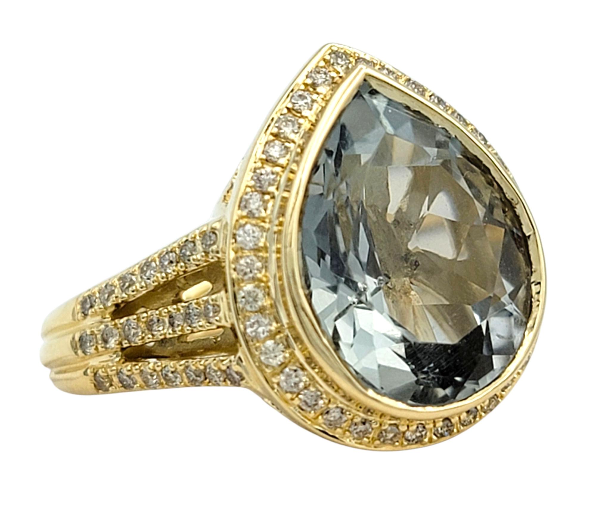 Contemporain Bague à tige fendue en or jaune 14 carats avec Prasiolite taille poire et halo de diamants en vente