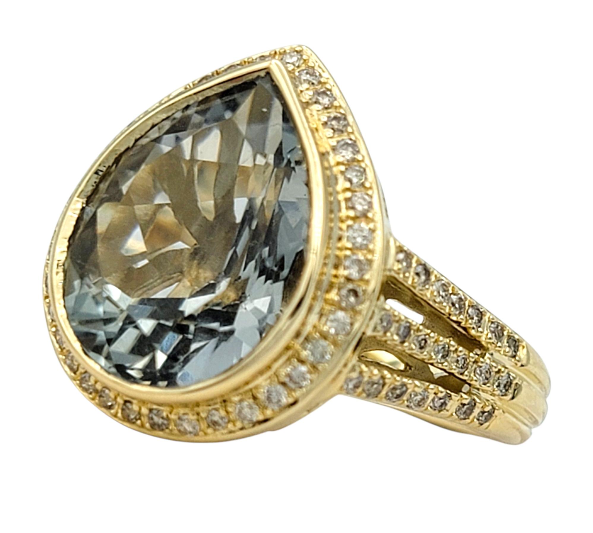 Taille poire Bague à tige fendue en or jaune 14 carats avec Prasiolite taille poire et halo de diamants en vente