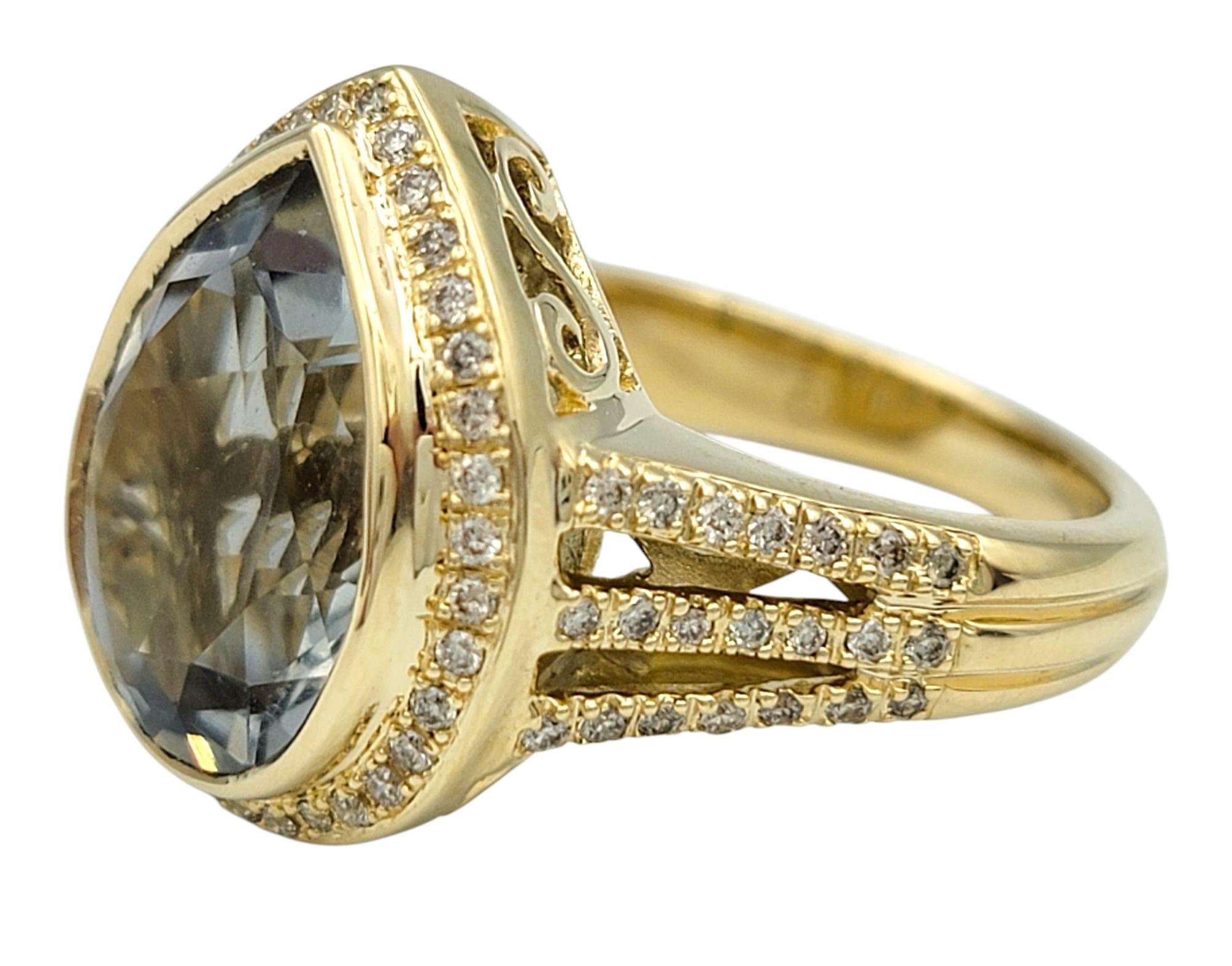 Bague à tige fendue en or jaune 14 carats avec Prasiolite taille poire et halo de diamants Bon état - En vente à Scottsdale, AZ