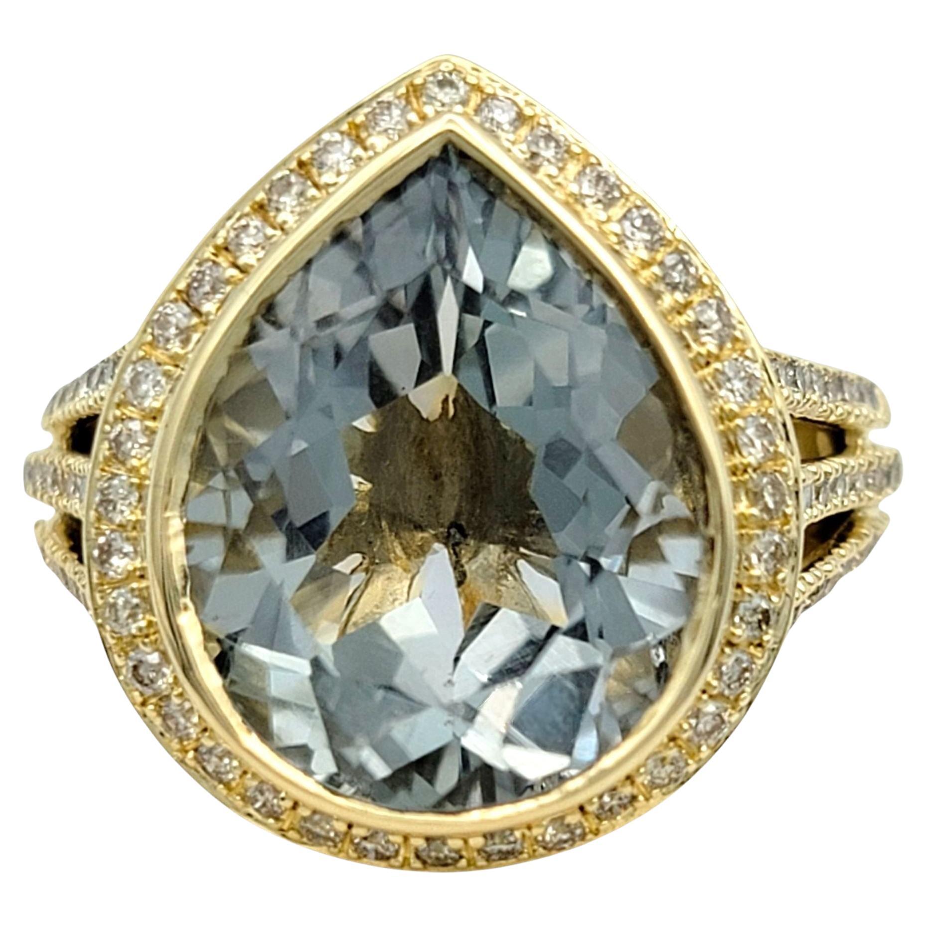 Pear Cut Prasiolite with Diamond Halo Split Shank Ring in 14 Karat Yellow Gold