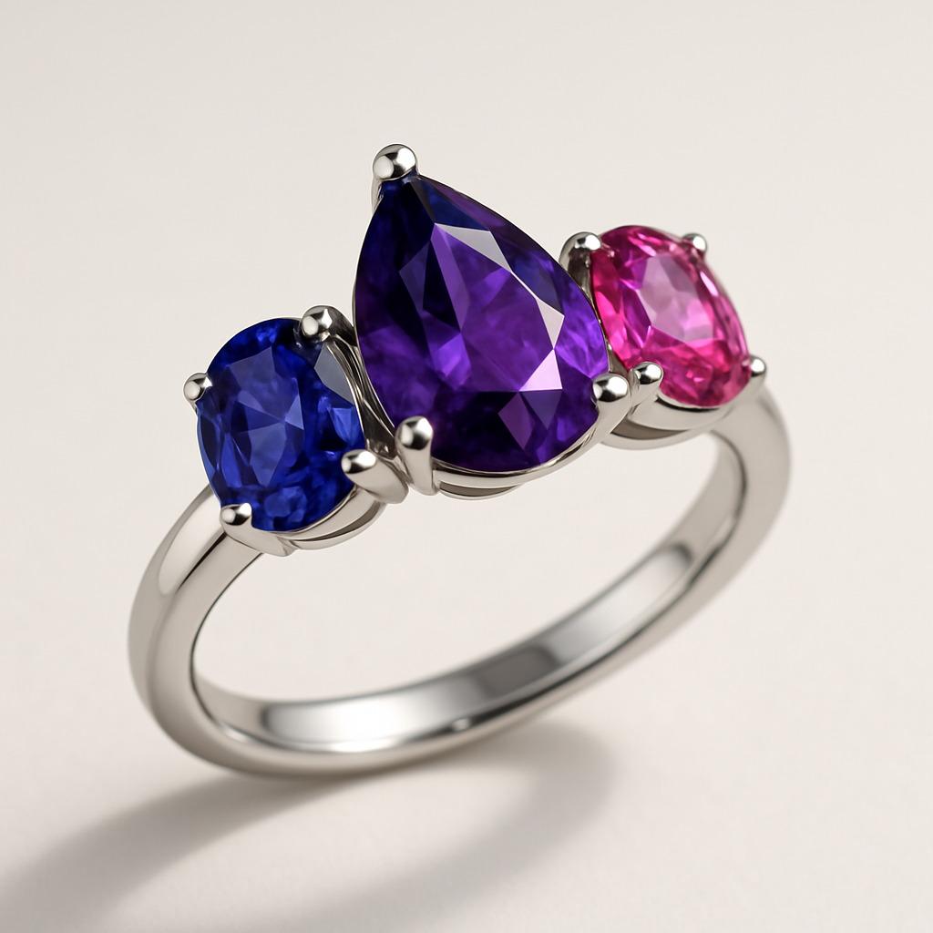 in vendita:  Anello in platino con ametista viola taglio pera e tormalina rosa 7