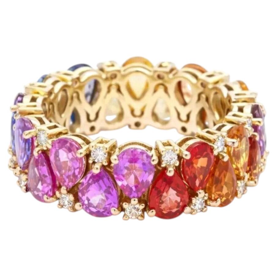 8.61ct Pear-Cut Rainbow Sapphire & Diamond 14K Yellow Gold Eternity Ring