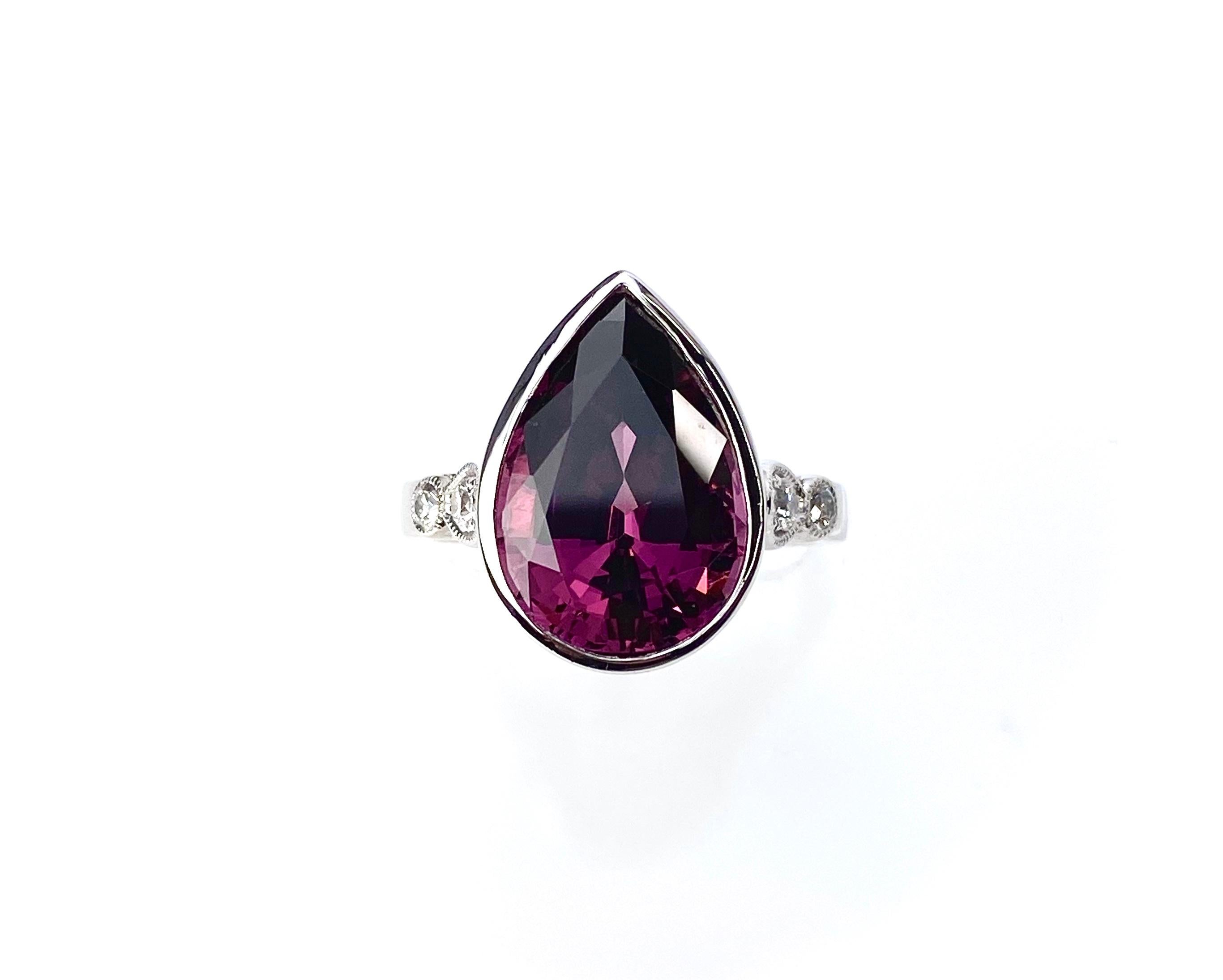 Contemporary Pear Cut Rhodolite Garnet and Diamond Ring in White Gold For Sale