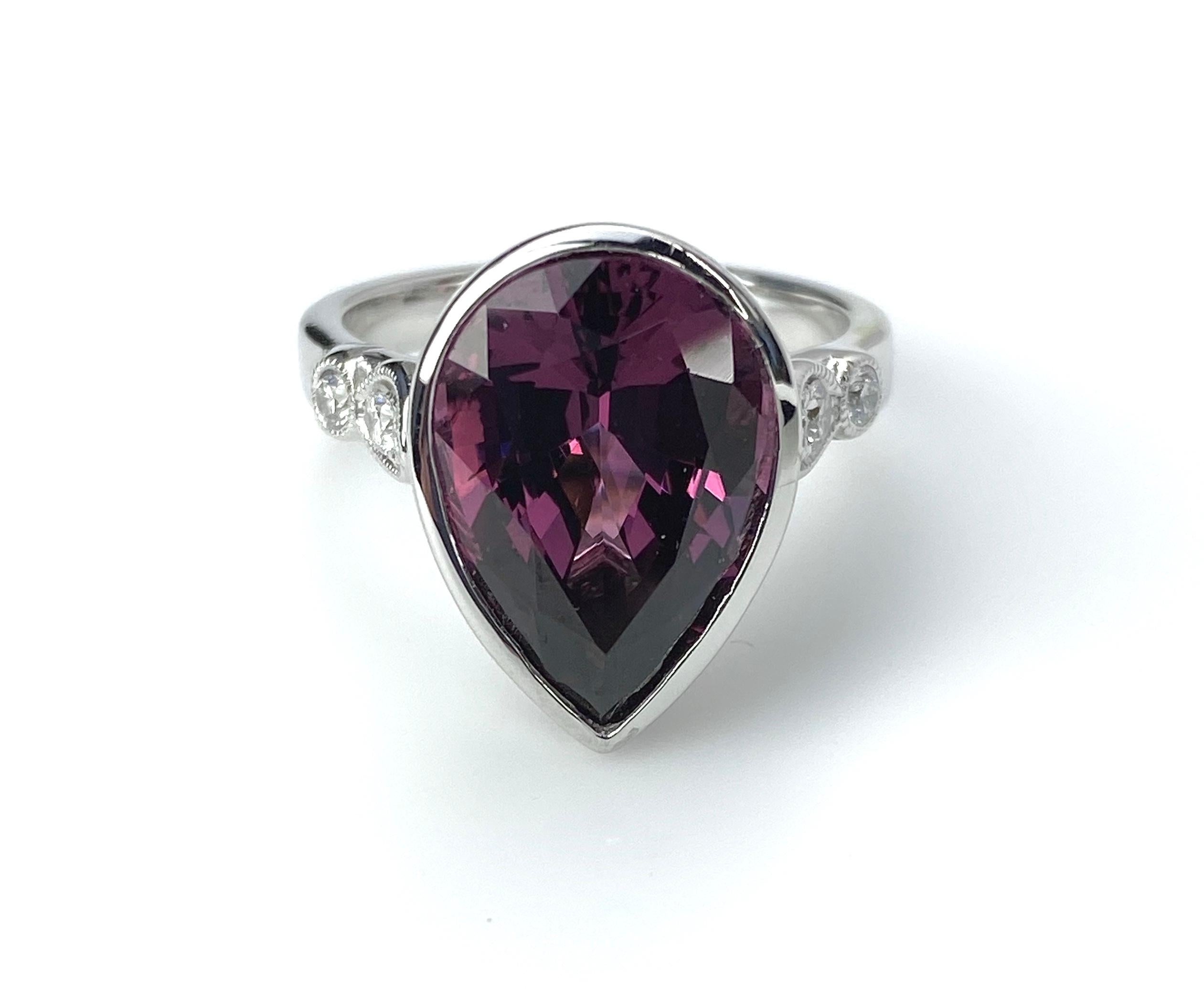 Pear Cut Rhodolite Garnet and Diamond Ring in White Gold For Sale 1
