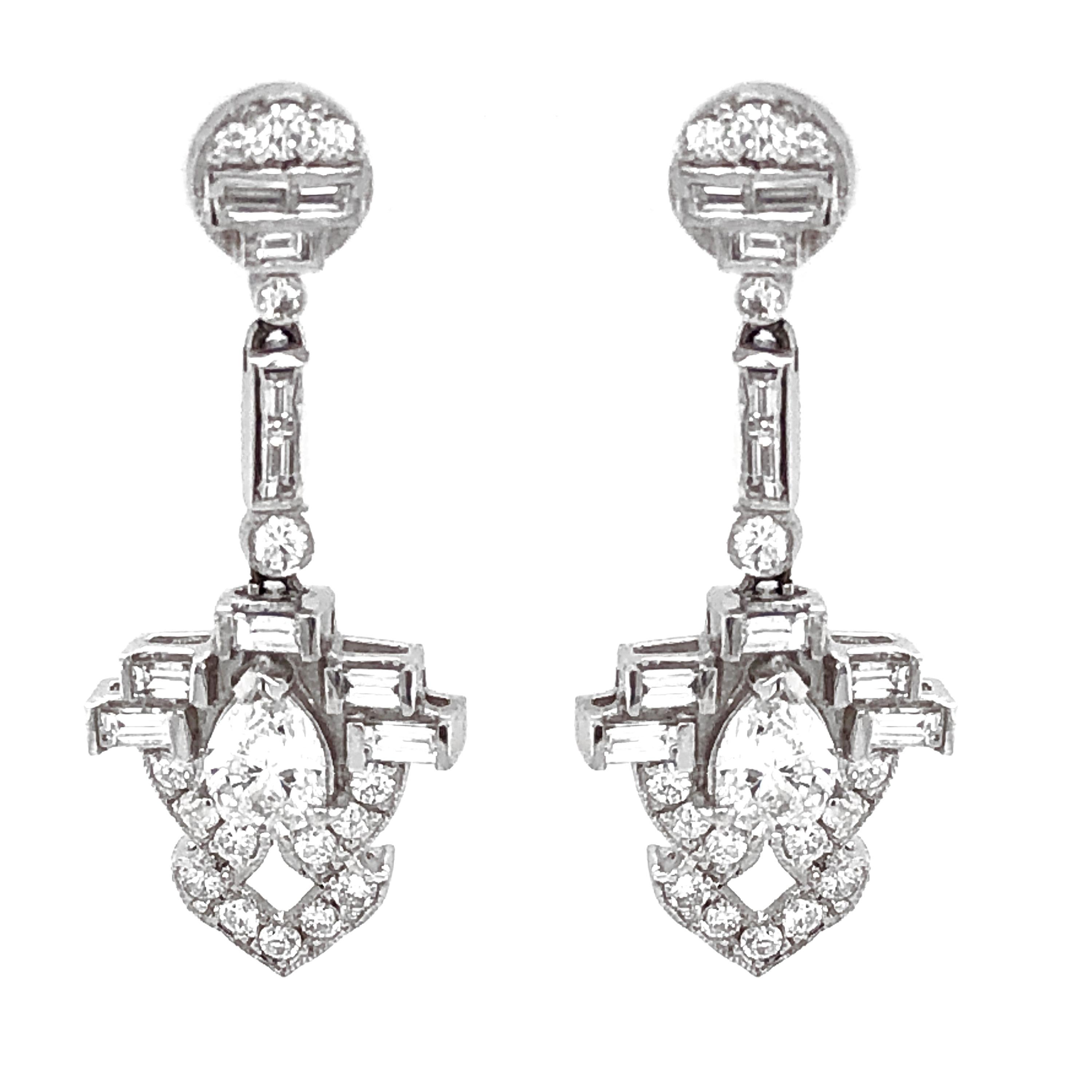 Pear Cut Round Diamonds 3.39 Carat Platinum Drop Earrings For Sale