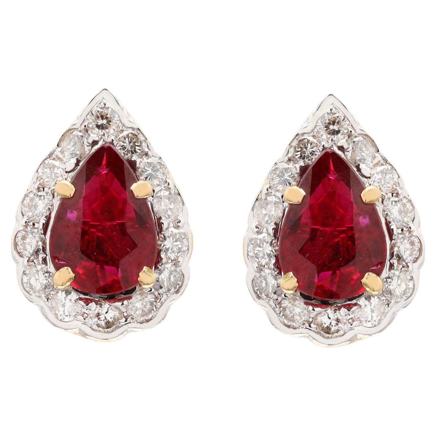 Pear Cut Ruby Amidst Halo Diamond Studs Handcrafted in Solid 18k Yellow Gold For Sale