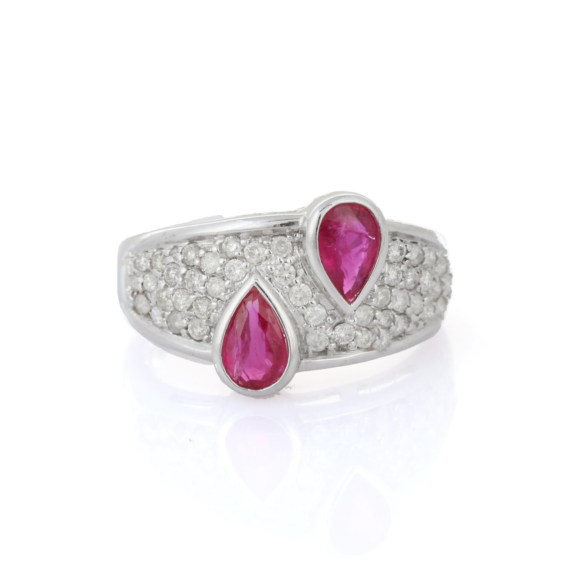 For Sale:  Pear Cut Ruby and Diamond Cocktail Wedding Ring in 18K White Gold  2