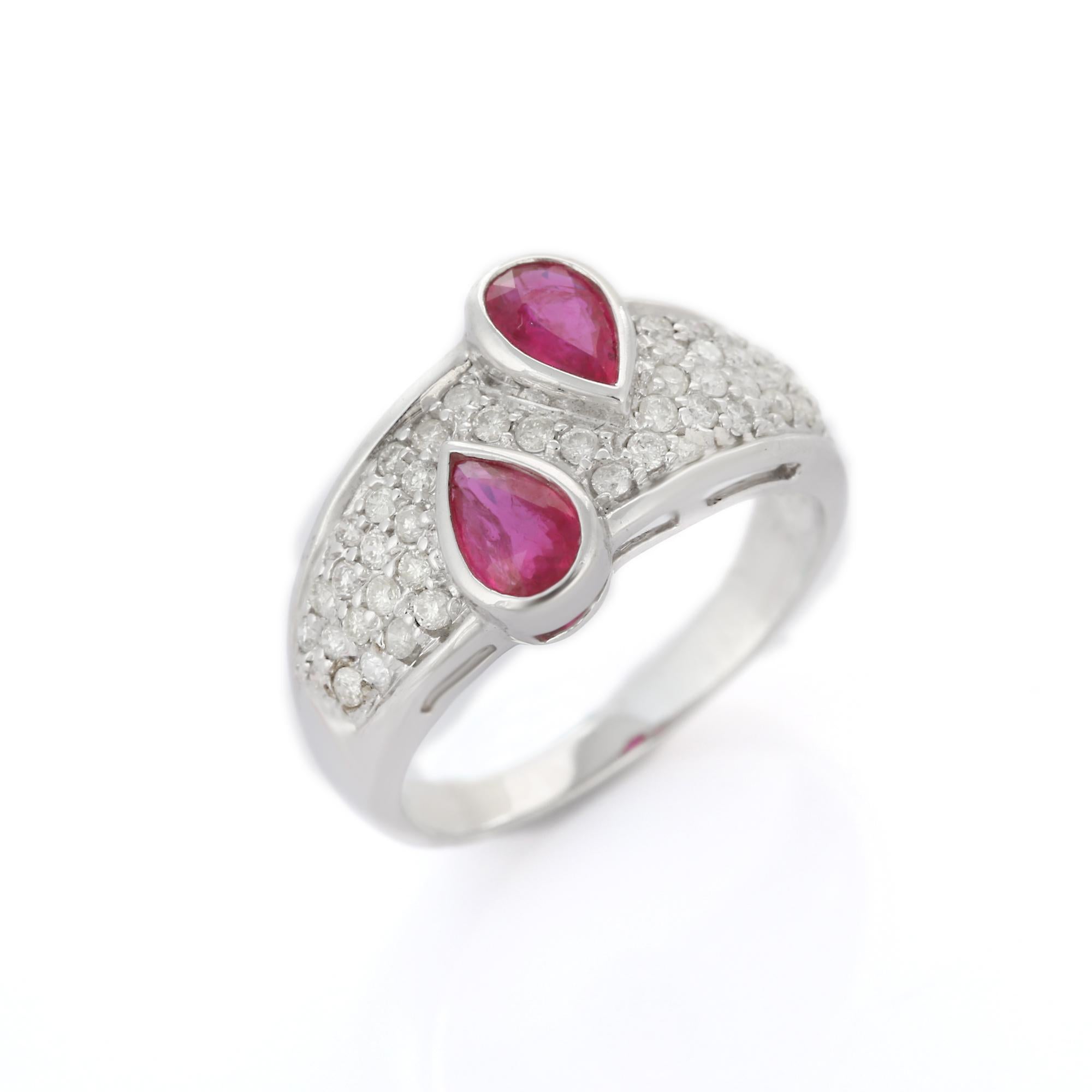 For Sale:  Pear Cut Ruby and Diamond Cocktail Wedding Ring in 18K White Gold  5