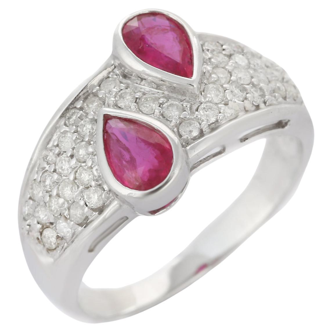 For Sale:  Pear Cut Ruby and Diamond Cocktail Wedding Ring in 18K White Gold