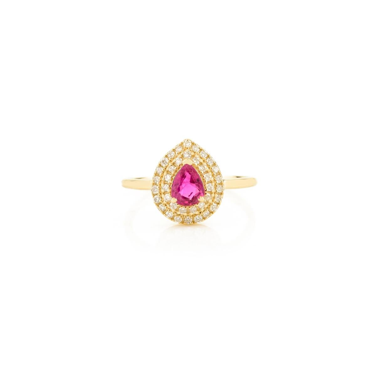 En vente :  Bague de fiançailles en or jaune massif 14k avec rubis taille poire et double halo de diamants 7