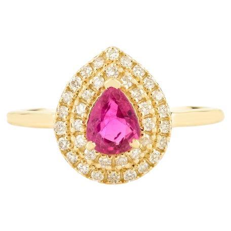 Pear Cut Ruby and Double Halo Diamond Engagement Ring in 14k Solid Yellow Gold