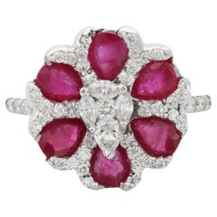 Pear Cut Ruby Diamond Cluster Cocktail Ring in 18K White Gold
