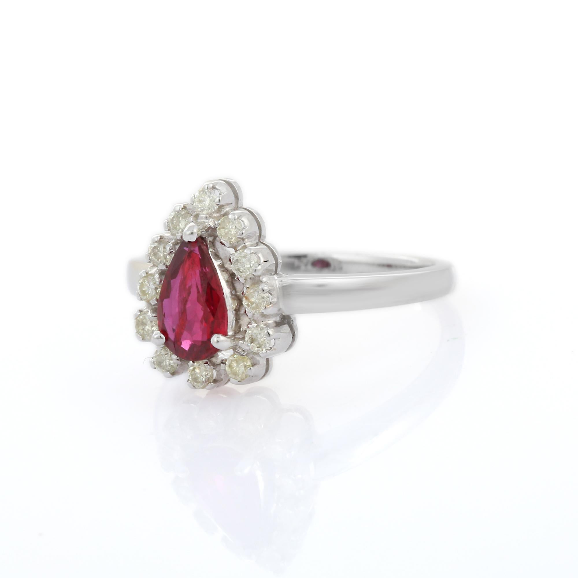 For Sale:  Pear Cut Ruby Diamond Engagement Ring in 14K White Gold  3