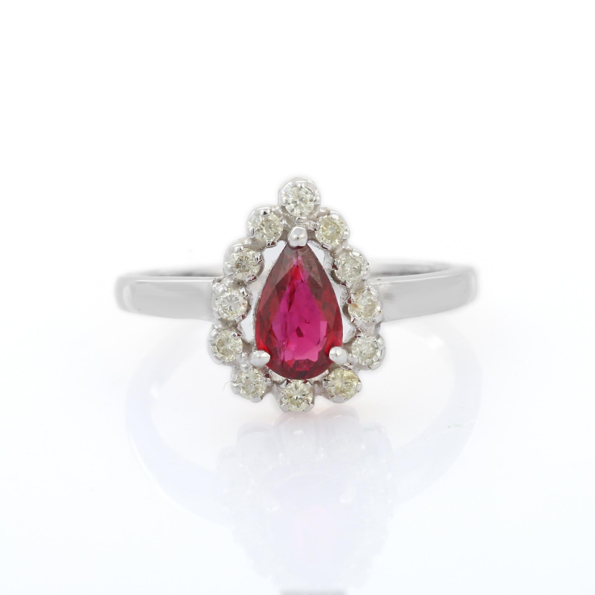 For Sale:  Pear Cut Ruby Diamond Engagement Ring in 14K White Gold  6