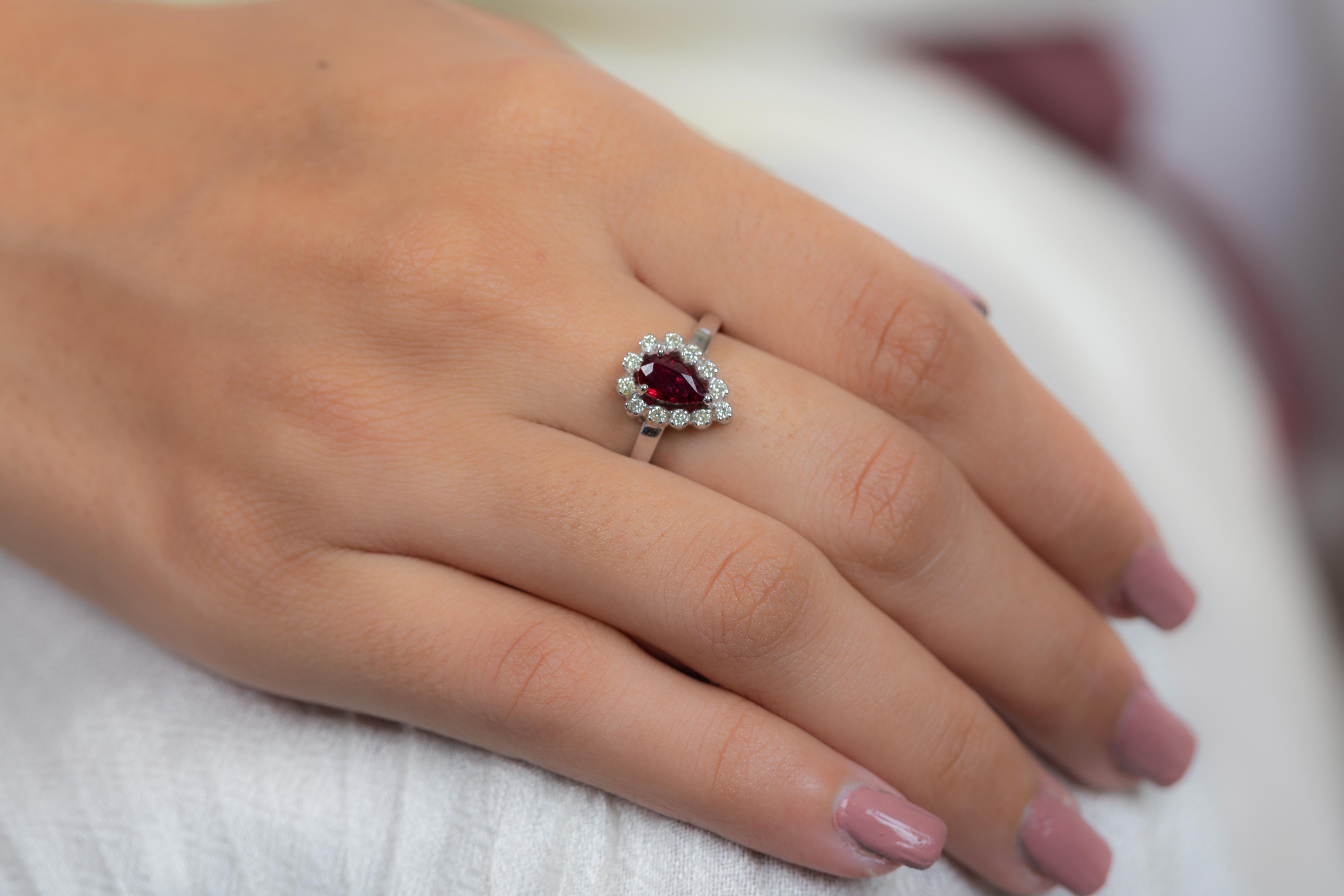 For Sale:  Pear Cut Ruby Diamond Engagement Ring in 14K White Gold  7