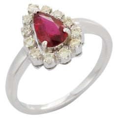Pear Cut Ruby Diamond Engagement Ring in 14K White Gold 