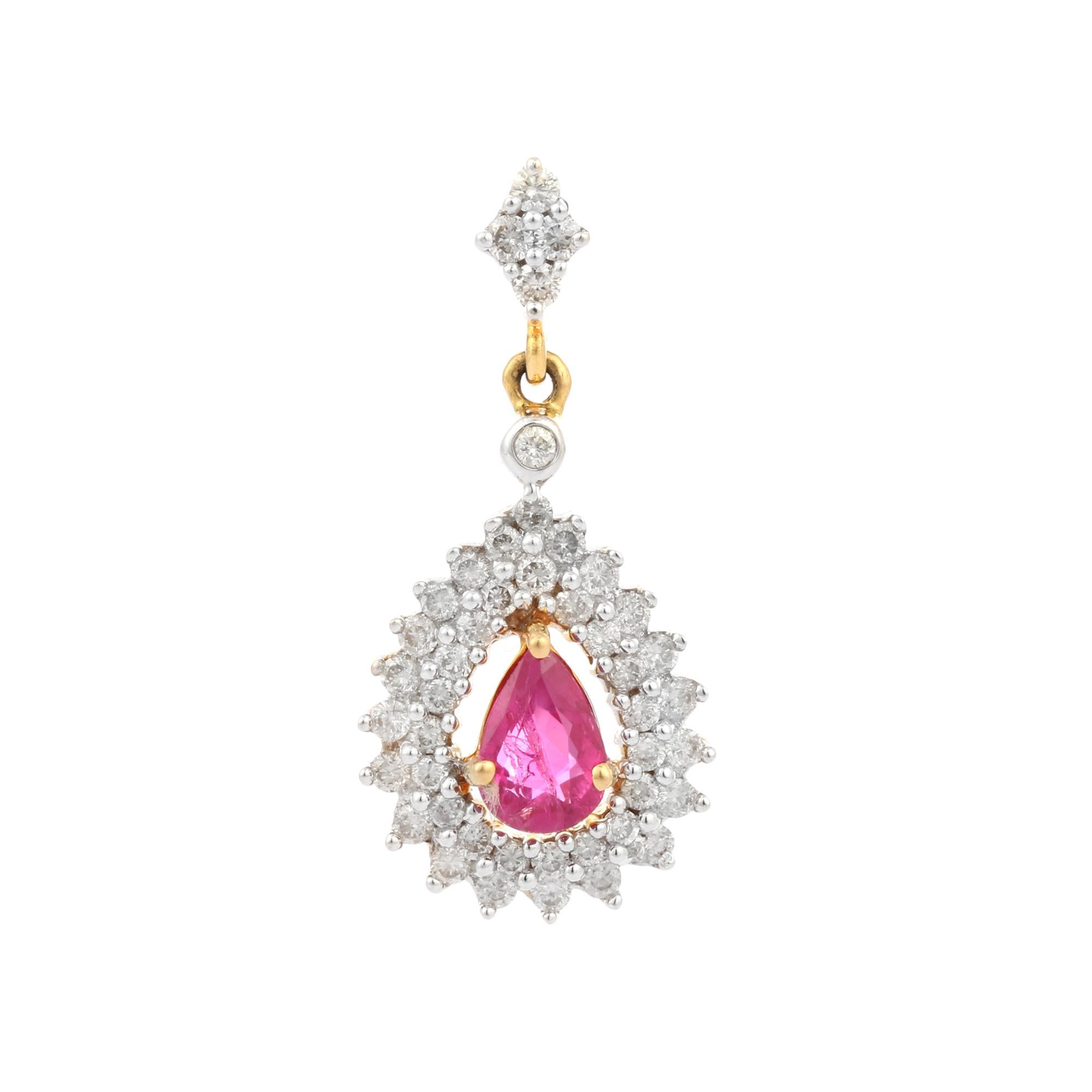 Natural Pear Ruby with Halo Diamond Wedding Pendant in 18K Gold. It has a pear cut ruby with diamonds that completes your look with a decent touch. Pendants are used to wear or gifted to represent love and promises. It's an attractive jewelry piece