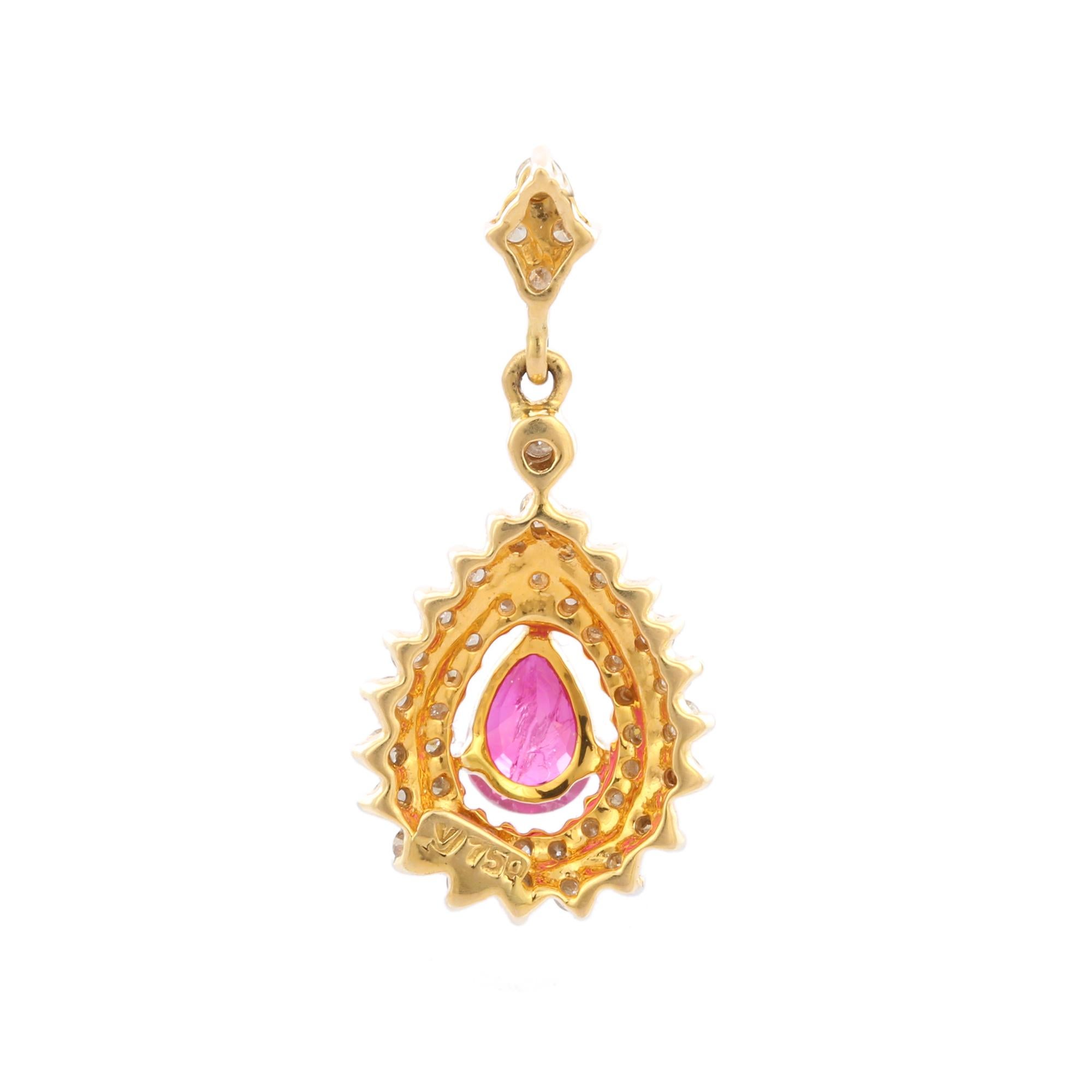 Pear Cut Halo Diamond Ruby Dangling Wedding Pendant Studded in 18K Yellow Gold For Sale