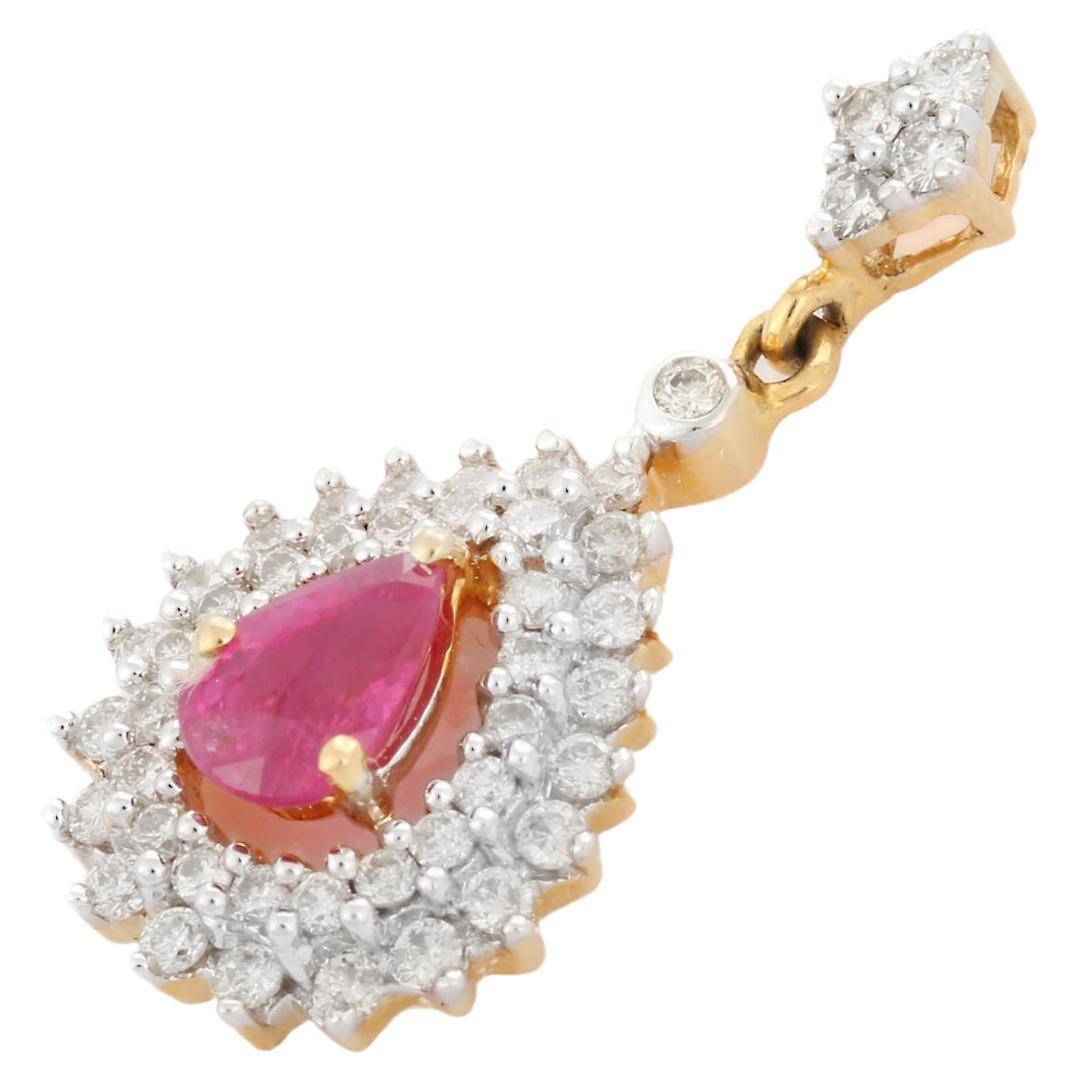 Halo Diamond Ruby Dangling Wedding Pendant Studded in 18K Yellow Gold For Sale