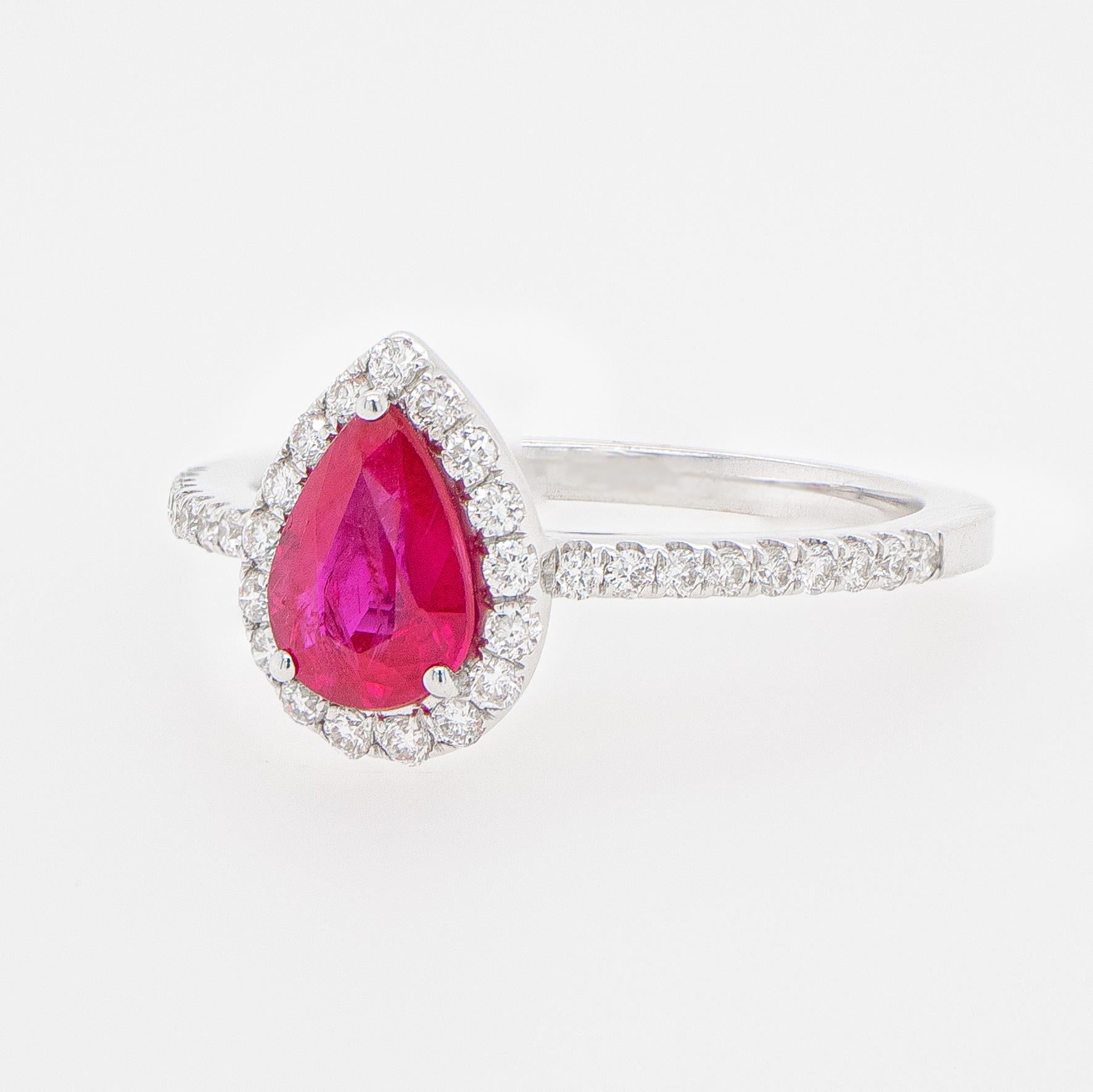 Contemporary Pear Cut Ruby Ring with Diamond Halo 18K White Gold