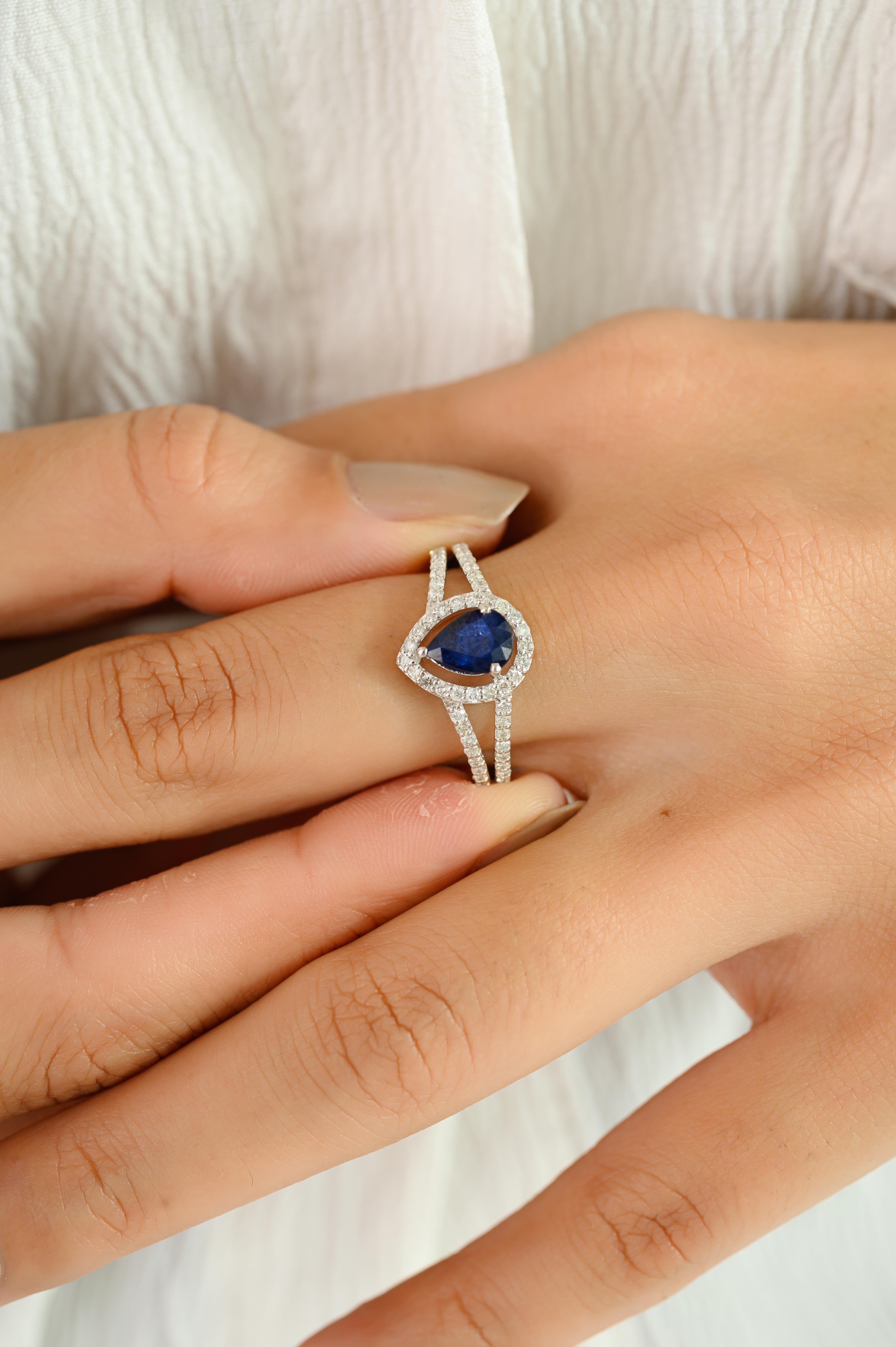 En vente :  Bague halo en or blanc 14K avec saphirs et diamants en forme de poire Cadeau de fin d'études 10