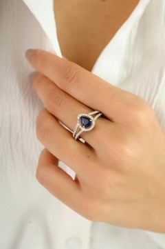 Pear-Cut Sapphire and Diamond Halo Ring in 14K White Gold Graduation Gift
