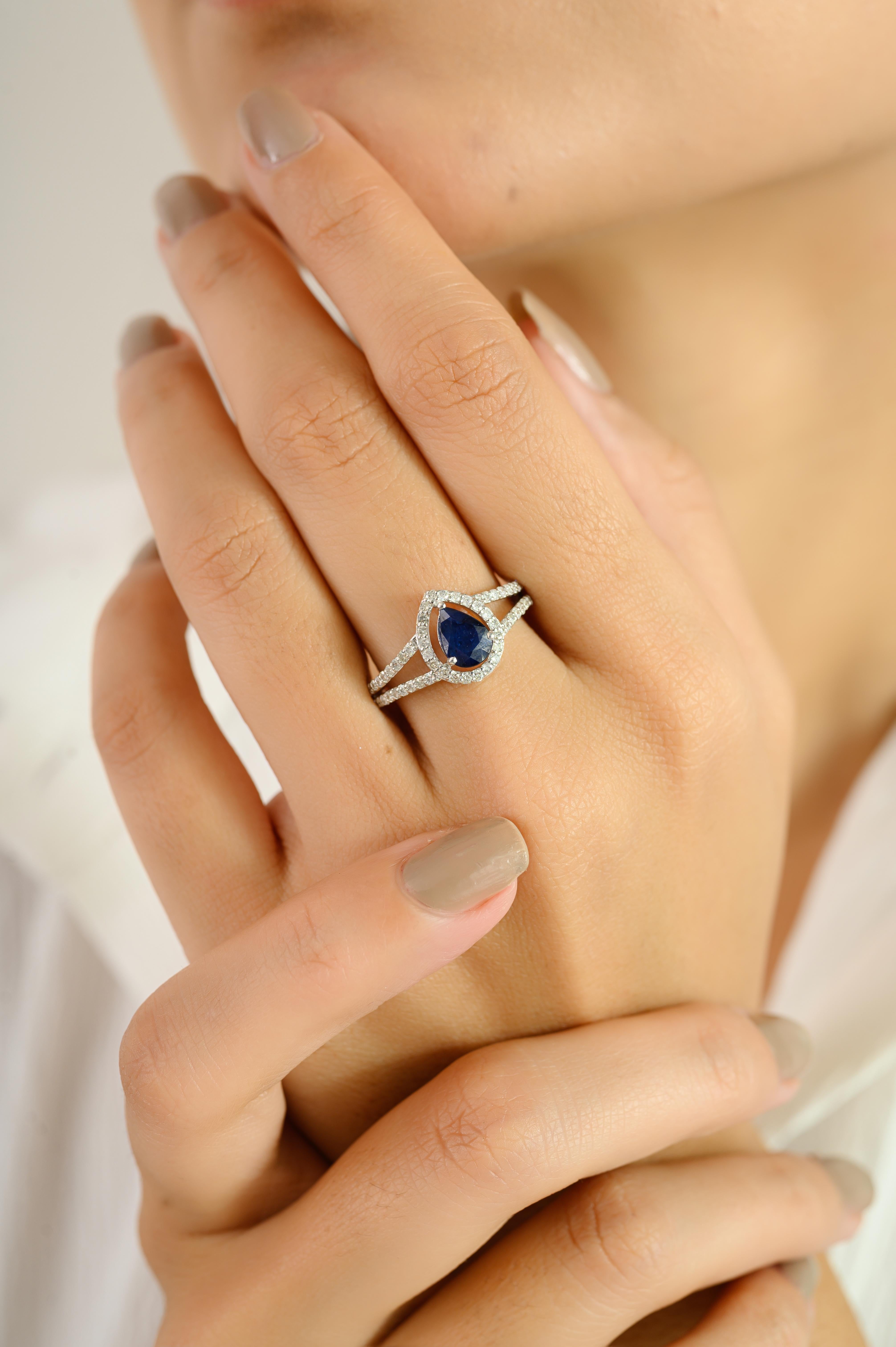 En vente :  Bague halo en or blanc 14K avec saphirs et diamants en forme de poire Cadeau de fin d'études 4