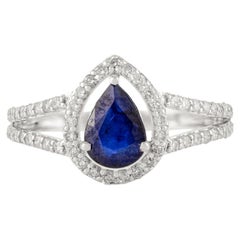 Bague halo en or blanc 14K avec saphirs et diamants en forme de poire Cadeau de fin d'études