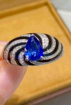 Pear Cut Sapphire Diamond Dome Ring in 18K White Gold