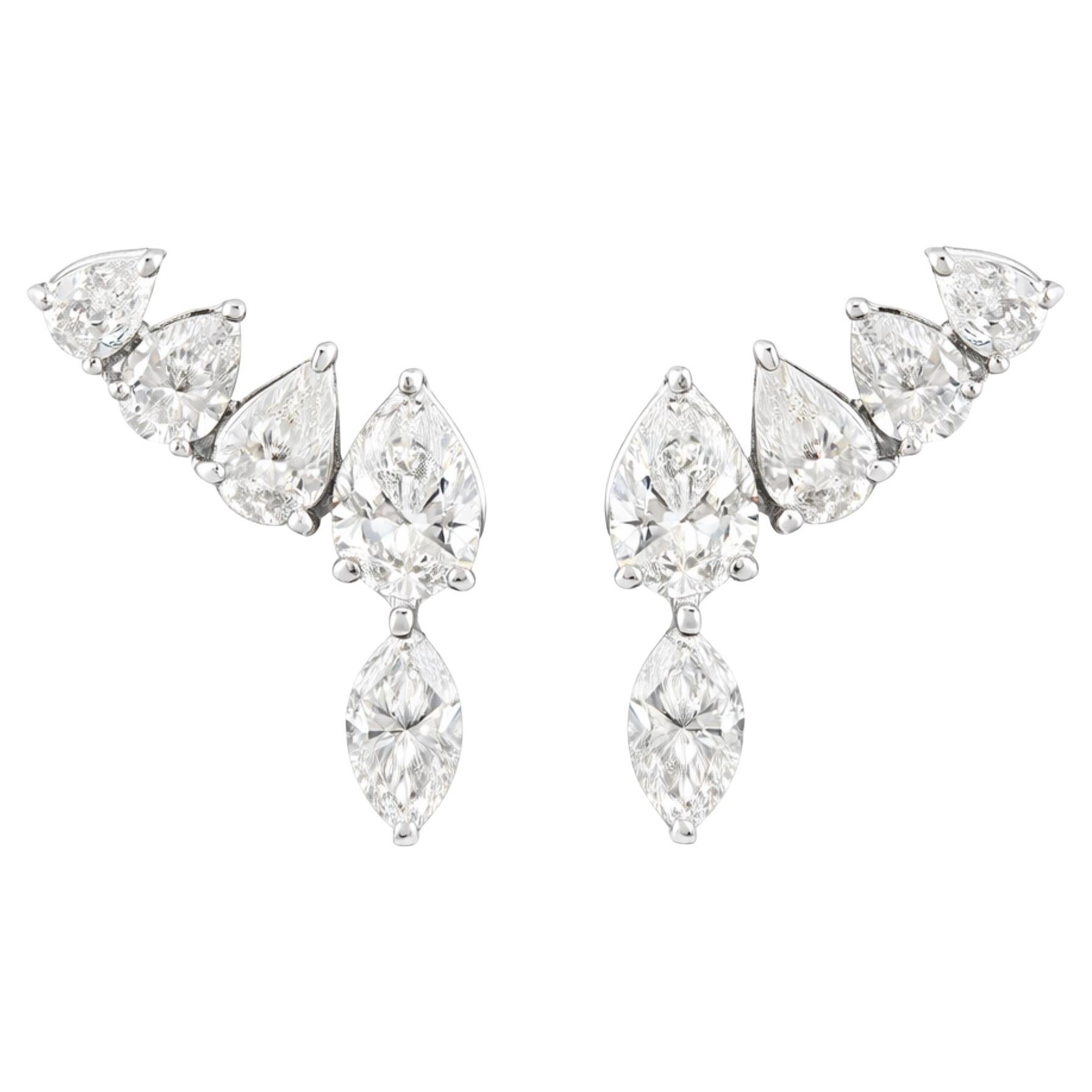 Marquise-Cut Diamond Ear Climber Earrings with Diamond Drops in 18K White Gold