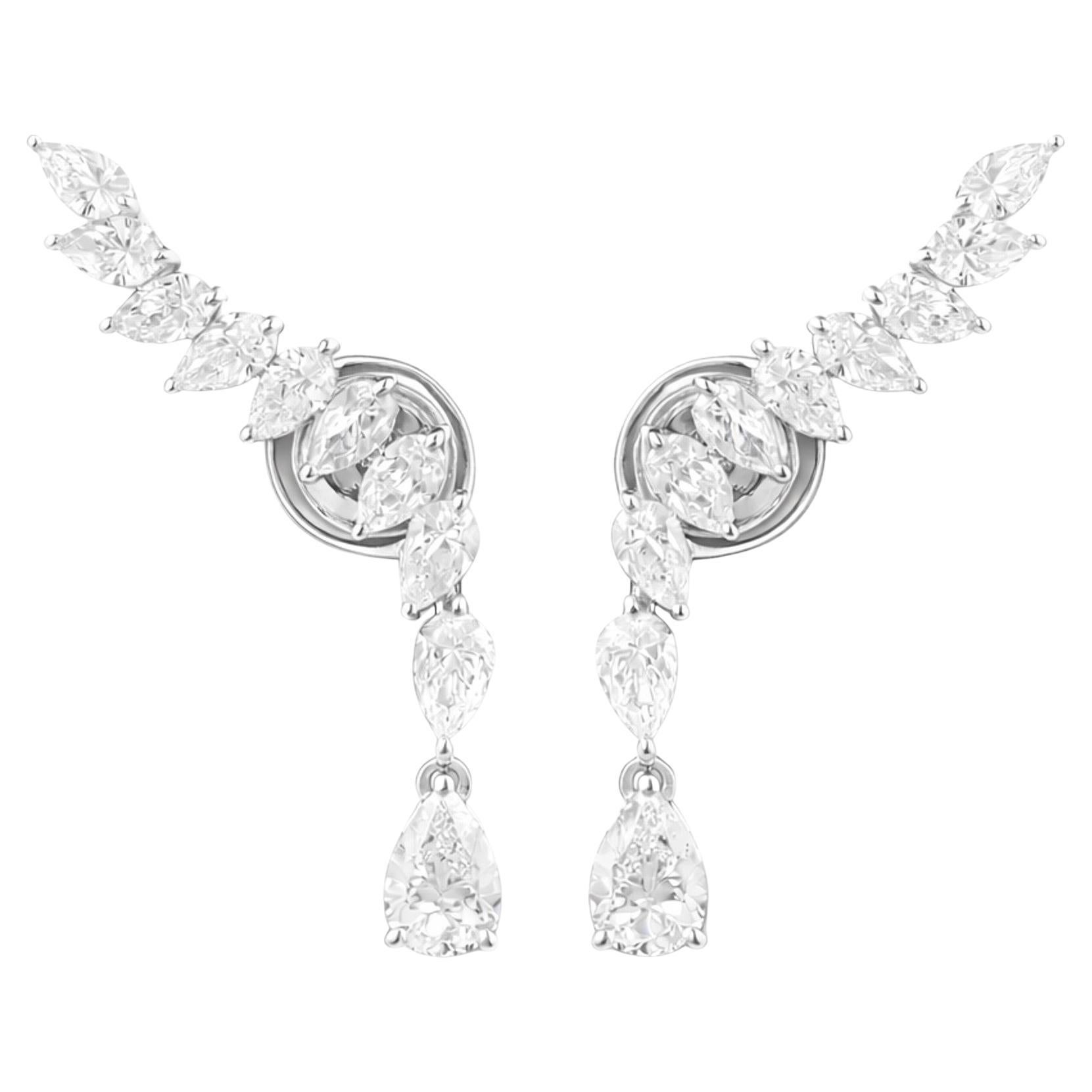 Diamond Ear Climber Drop Earrings with Pear and Marquise Diamonds 18K White Gold