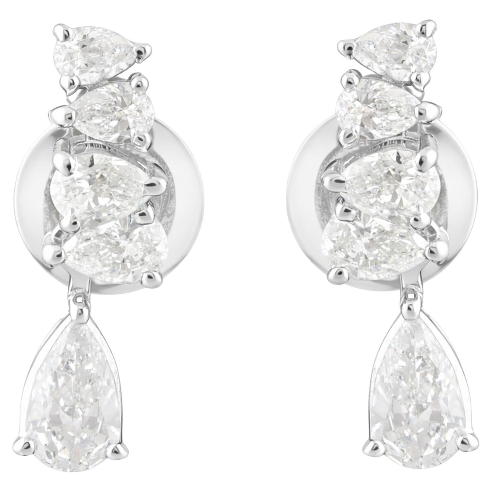 Pear Shape Natural Diamond Drop Earrings 0.91 Carats in 18K White Gold
