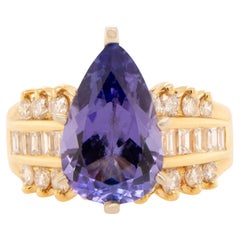 Pear Cut Tanzanite Ring Diamond Setting 3.5 Carats 18K Yellow Gold
