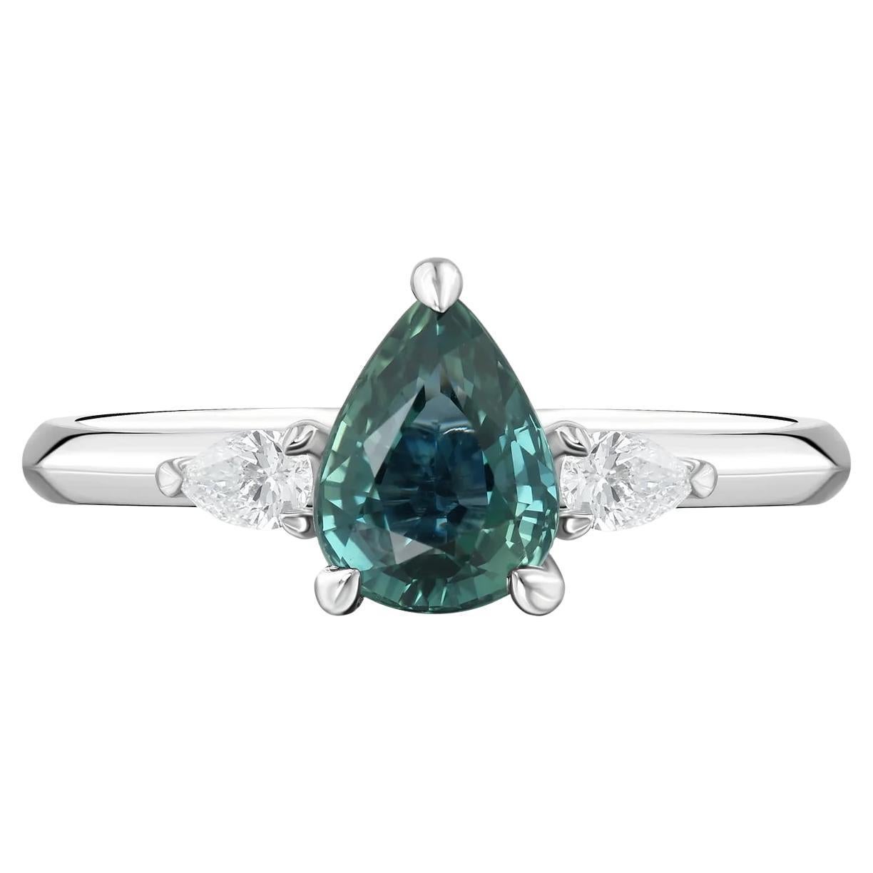 Pear Cut Teal Sapphire Three-Stone White Gold Engagement Ring, 1.40 Carat For Sale