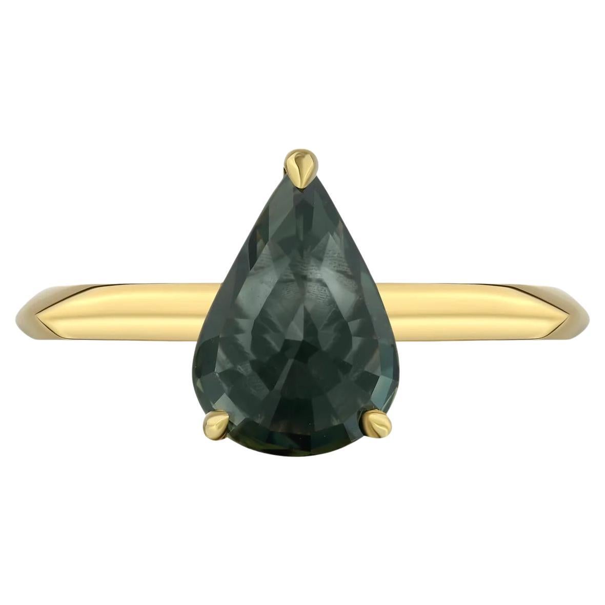 Pear Cut Teal Sapphire Yellow Gold Solitaire Engagement Ring, 2.93 Carat For Sale