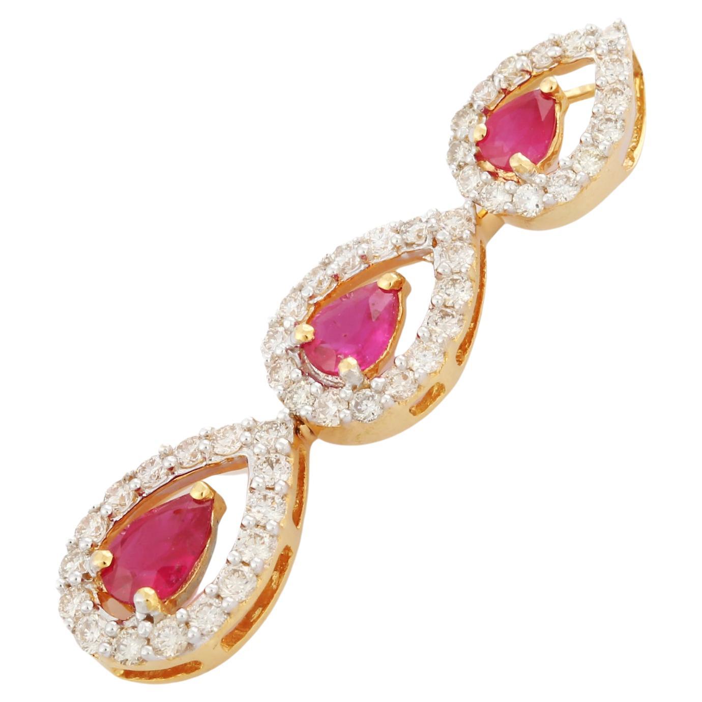 Pear Cut Three Stone Ruby Diamond Halo Pendant Necklace in 18K Yellow Gold For Sale