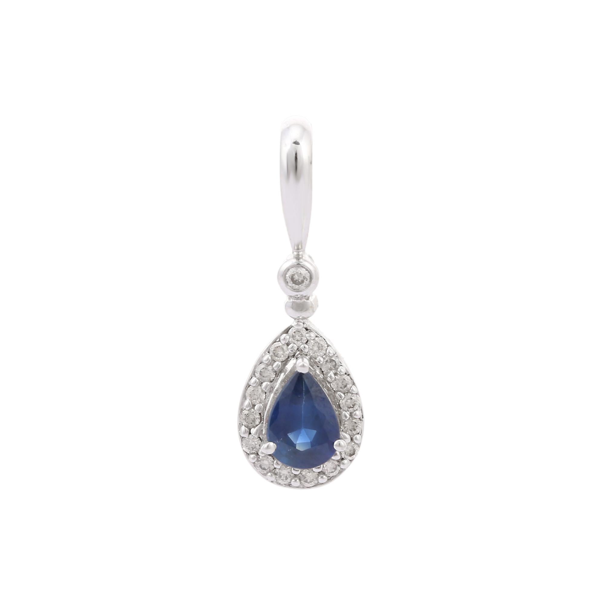 Art Deco Pear Cut Vivid Blue Sapphire Diamond Pendant Necklace in 18K White Gold For Sale
