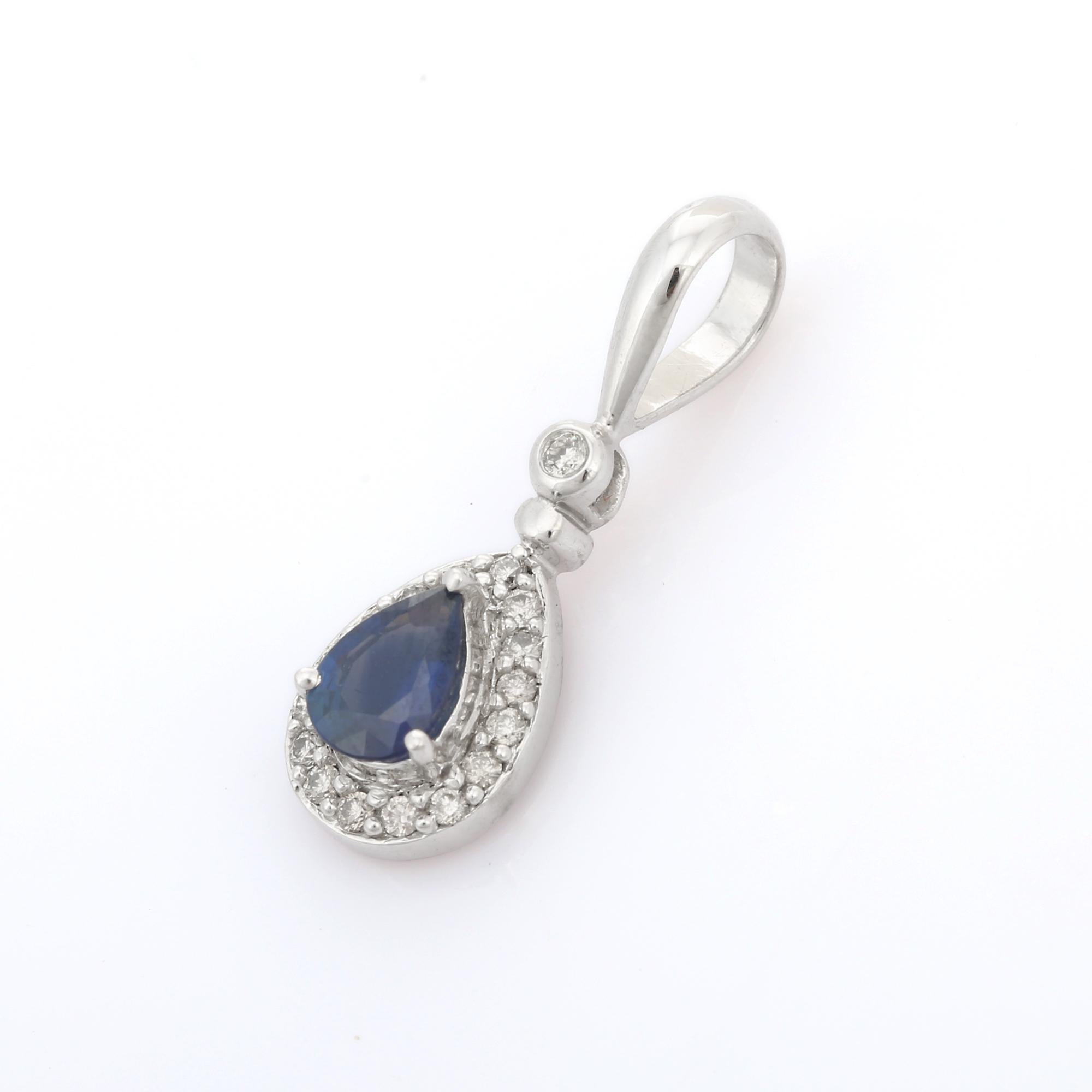 Women's Pear Cut Vivid Blue Sapphire Diamond Pendant Necklace in 18K White Gold For Sale