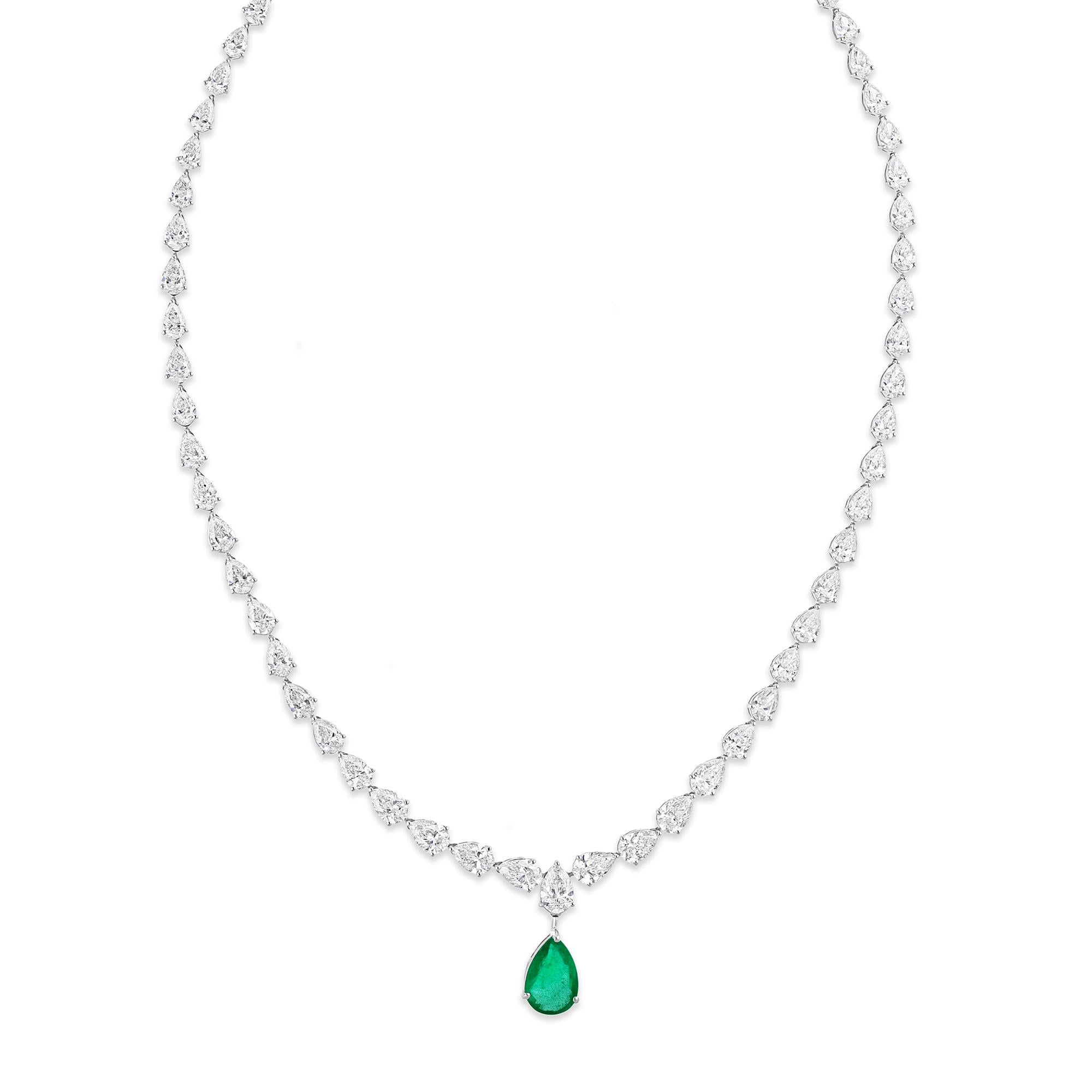 Collar de Boda con Gota de Diamantes Esmeralda de Zambia Corte Pera Joyas de Oro Blanco de 18k Moderno en venta