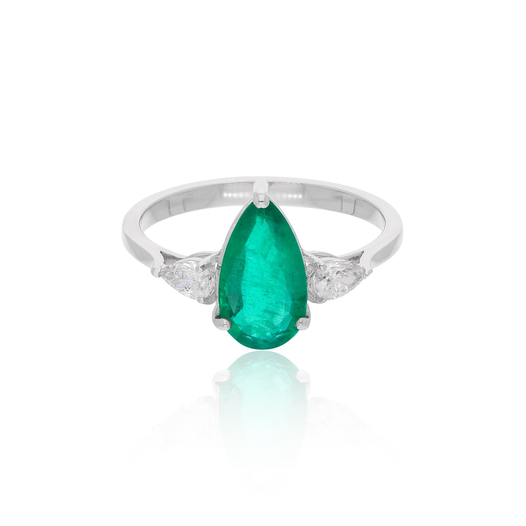 Im Angebot: Birnenschliff sambischen Smaragd Diamant Drei Stein Ring 18k Weißgold Feiner Schmuck () 7