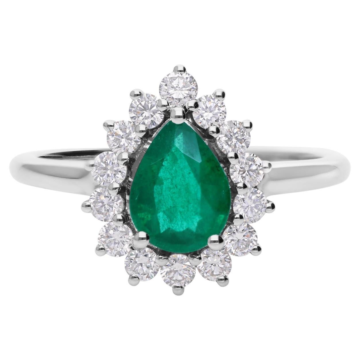 Smeraldo dello Zambia con taglio a pera e diamanti SI/H Anello a cluster in oro bianco 18 carati