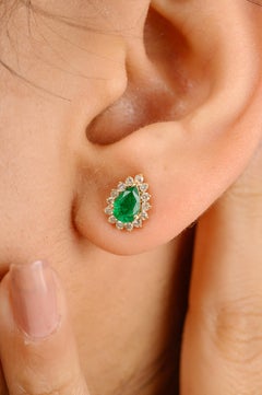 Pear Cut Zambian Emerald With Diamond Stud Earrings Made in 14k Yellow Gold